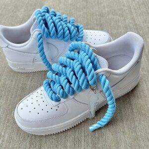 Custom Nike Air Force 1 White Sneakers w/ Light Blue Chunky Rope Laces